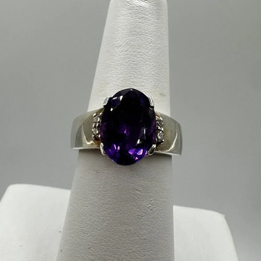 12x9mm‎ genuine amethyst with diamond accents, sterling silver ring!